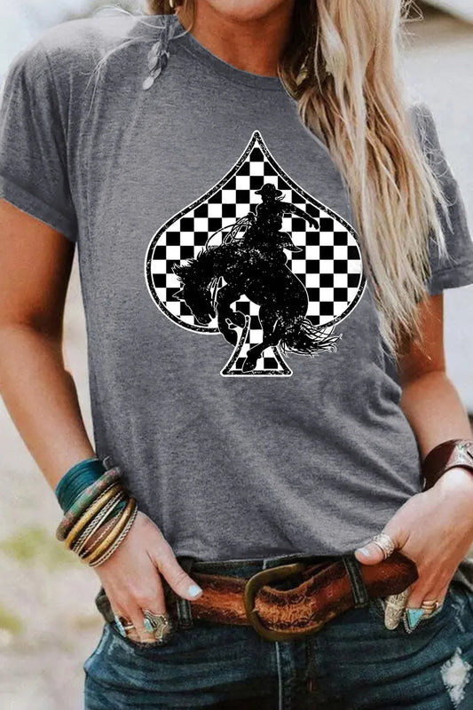 Checker ace of spades rodeo western gray graphic print tee shirt