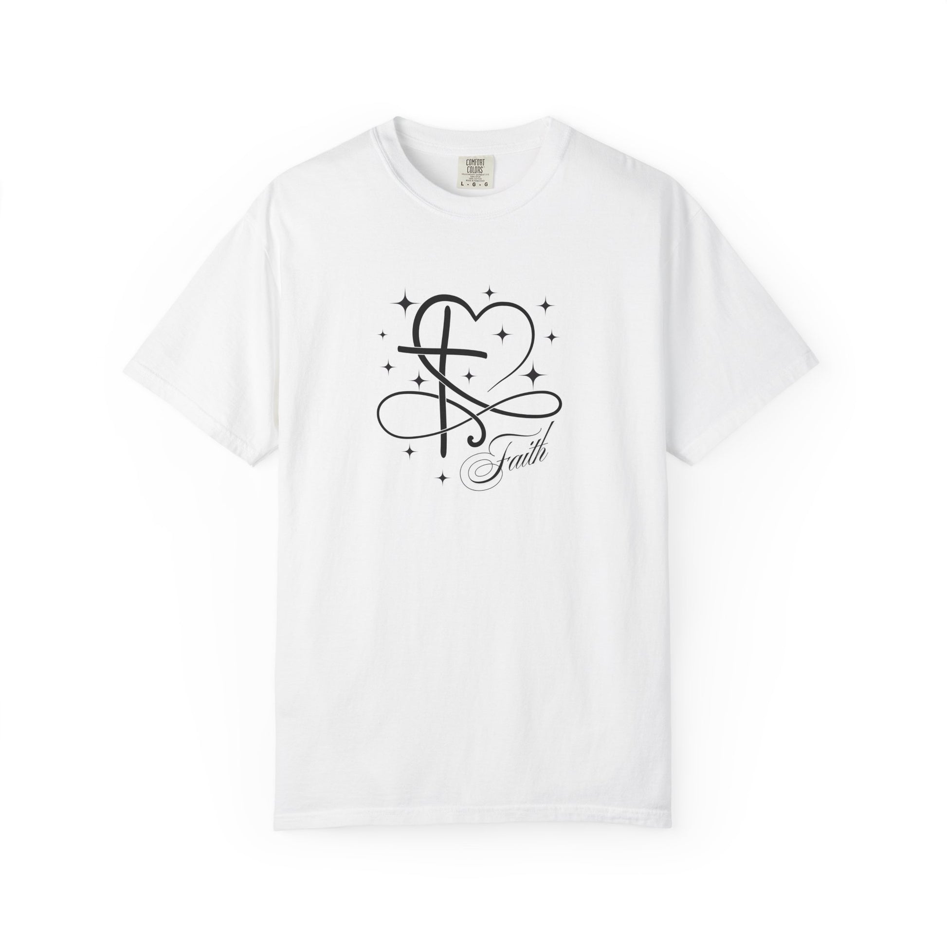 White t shirt with heart and stars with the word faith.
