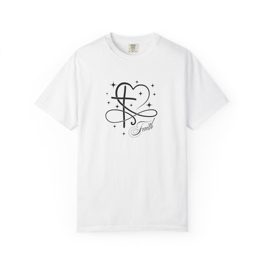 White t shirt with heart and stars with the word faith.