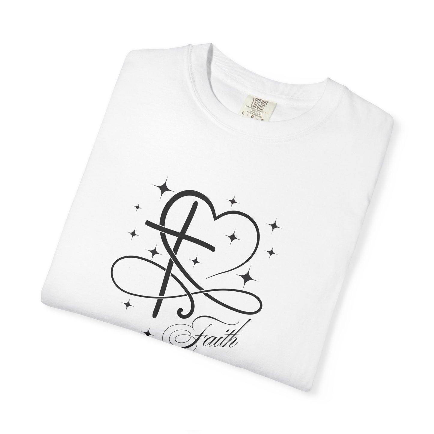 Folded white heart and cross with faith graphic t shirt.