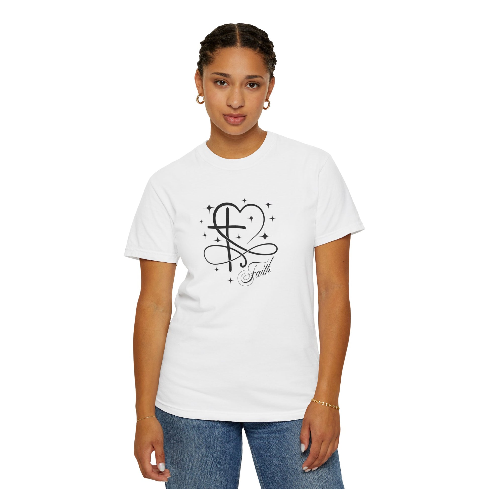 Girl wearing faith cross and heart with stars graphic t shirt