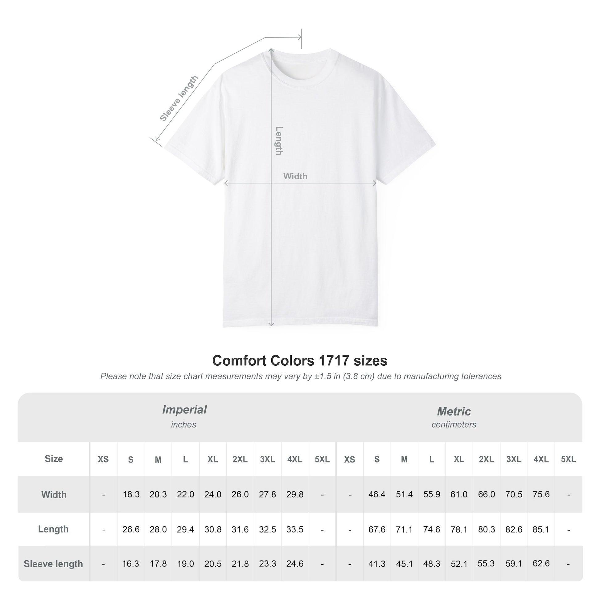 White tee shirt wit measurements and sizes chart.