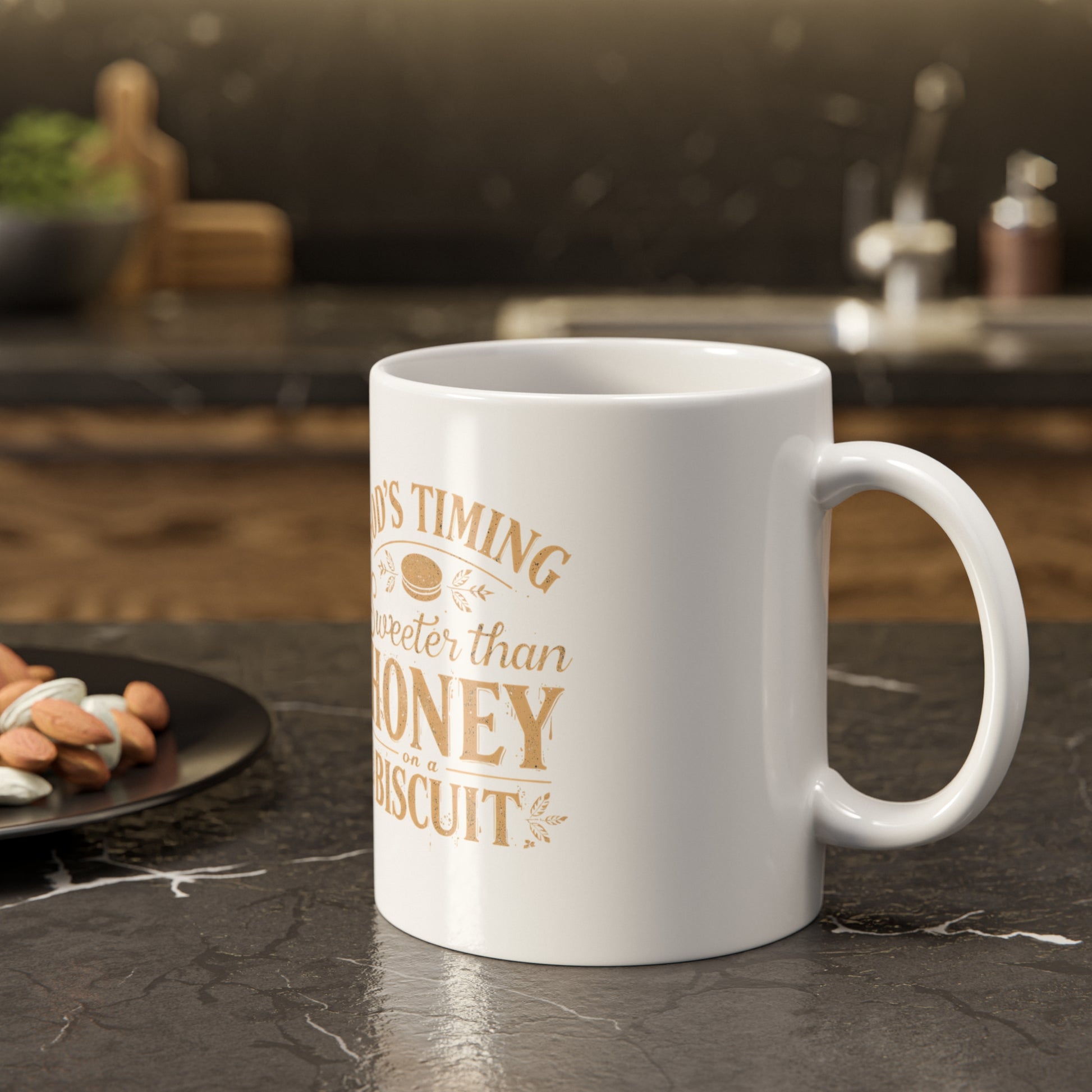 White mug with gold text on a kitchen counter