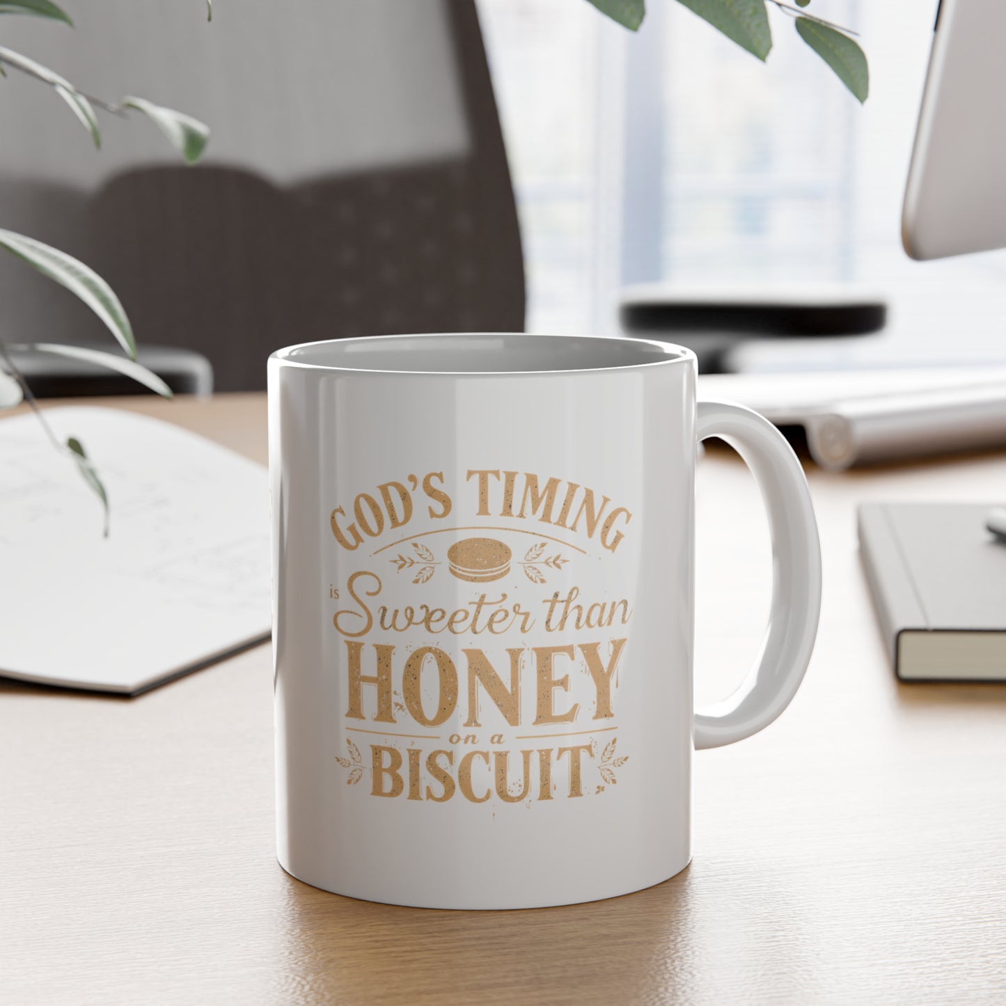 White mug with text on a desk with office items in the background