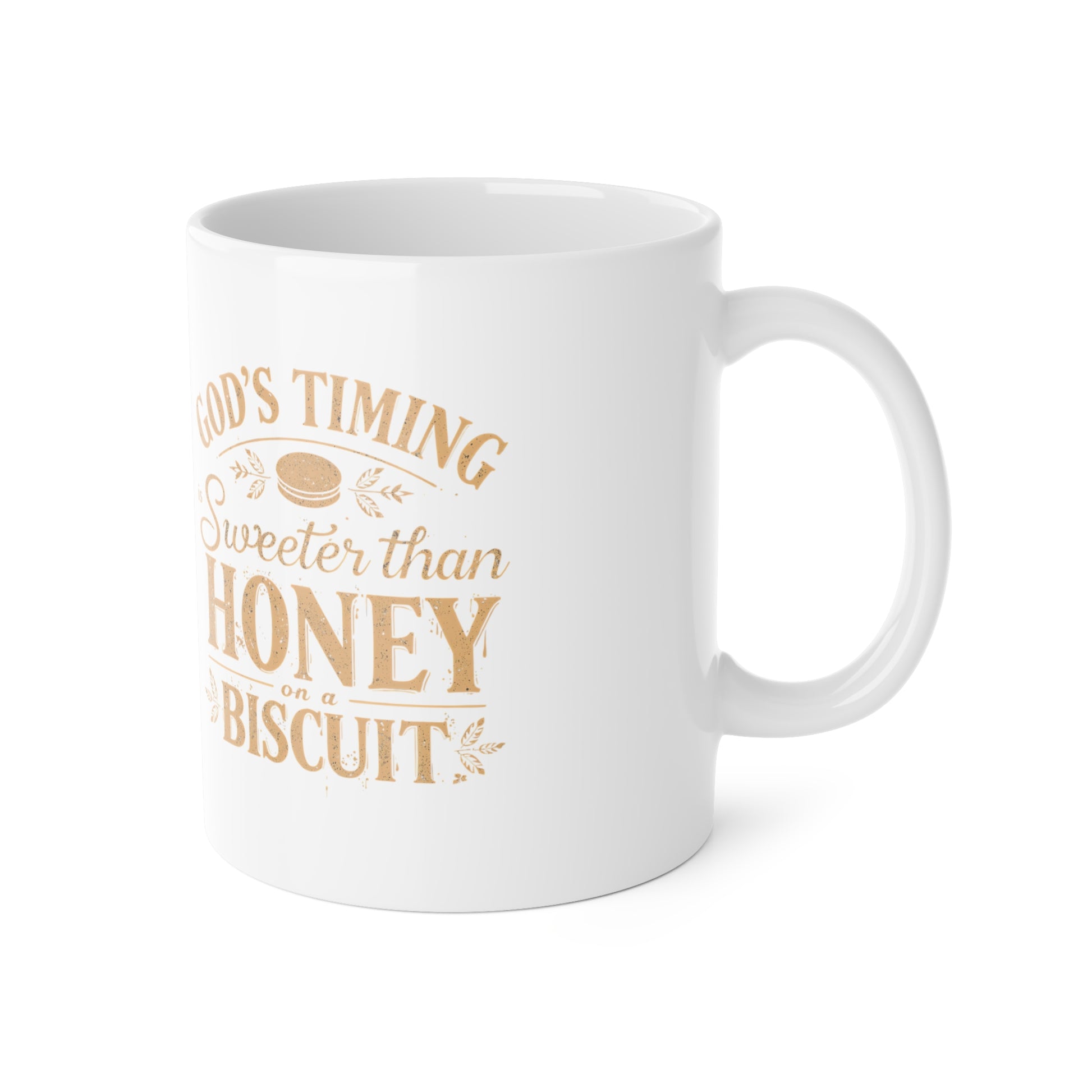 White mug with gold text on a white background