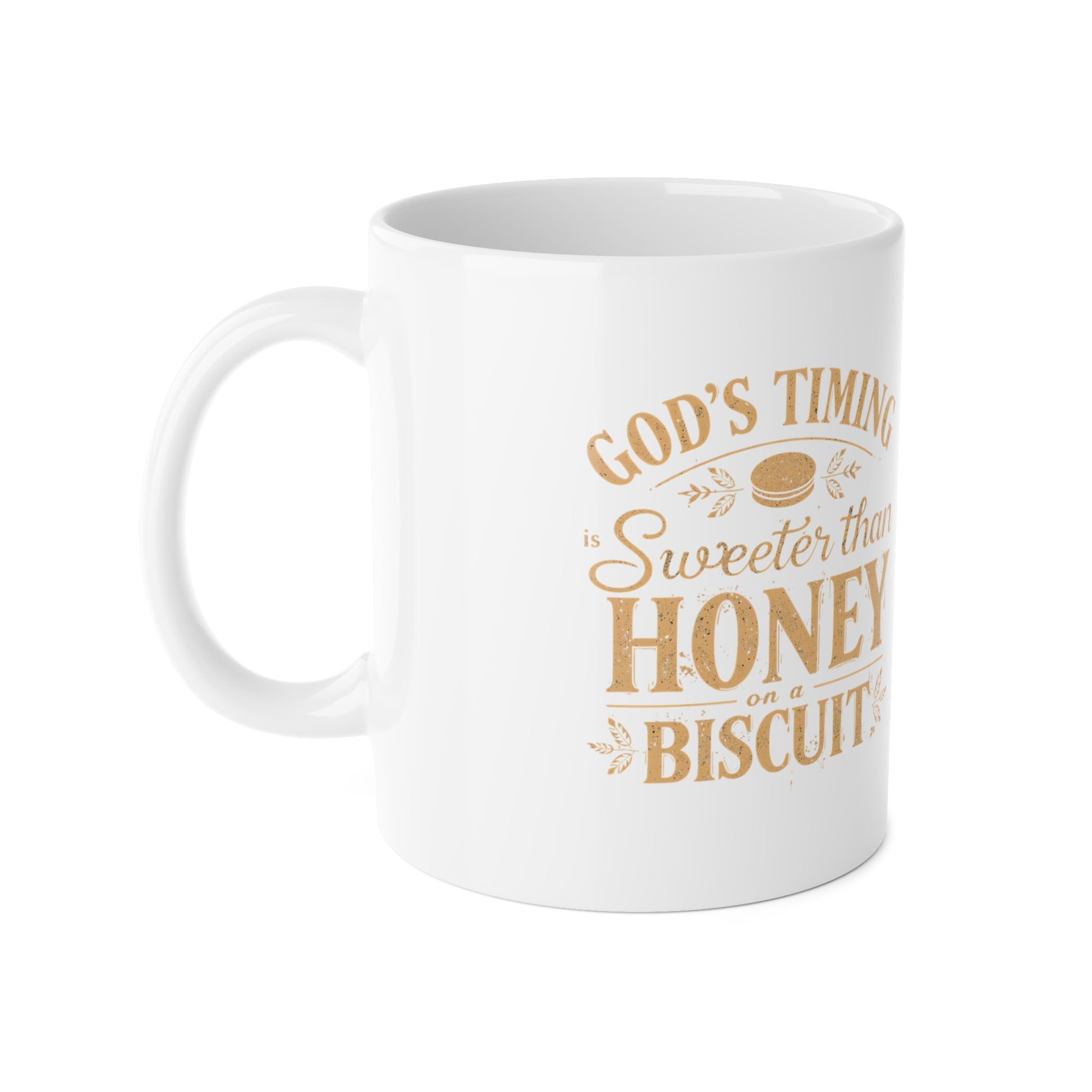 White mug with gold text on a white background