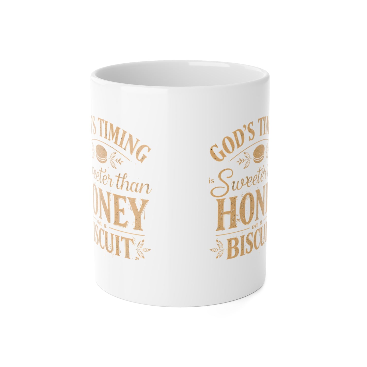 White mug with gold text on a white background
