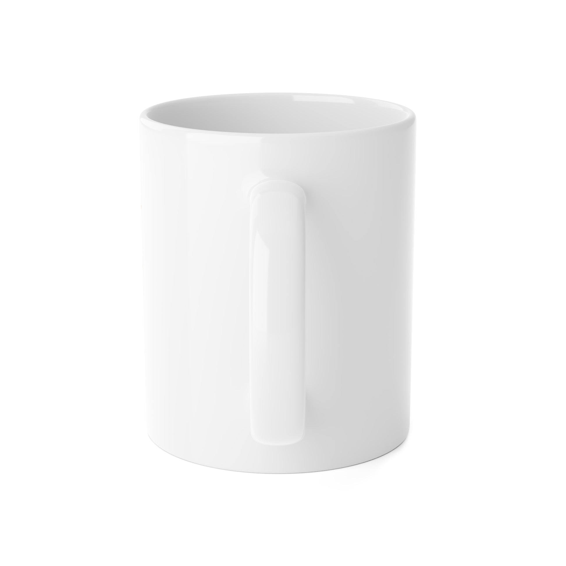 White ceramic mug on desk with a white background