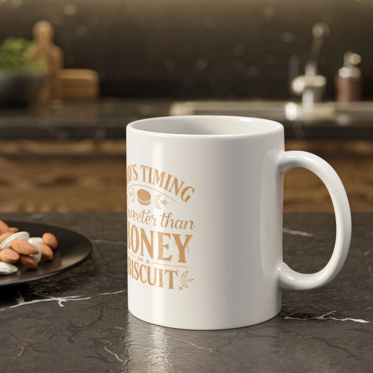 White mug with text on a kitchen counter