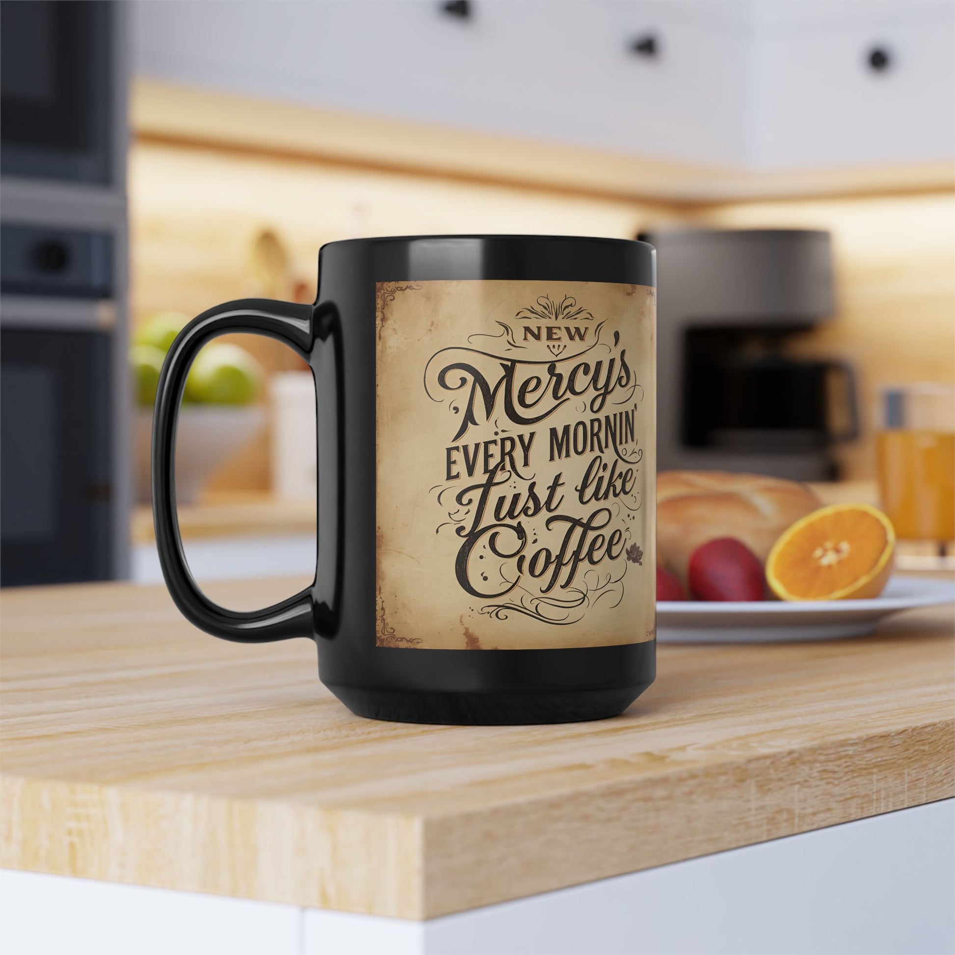 Black mug with a decorative label on a kitchen counter