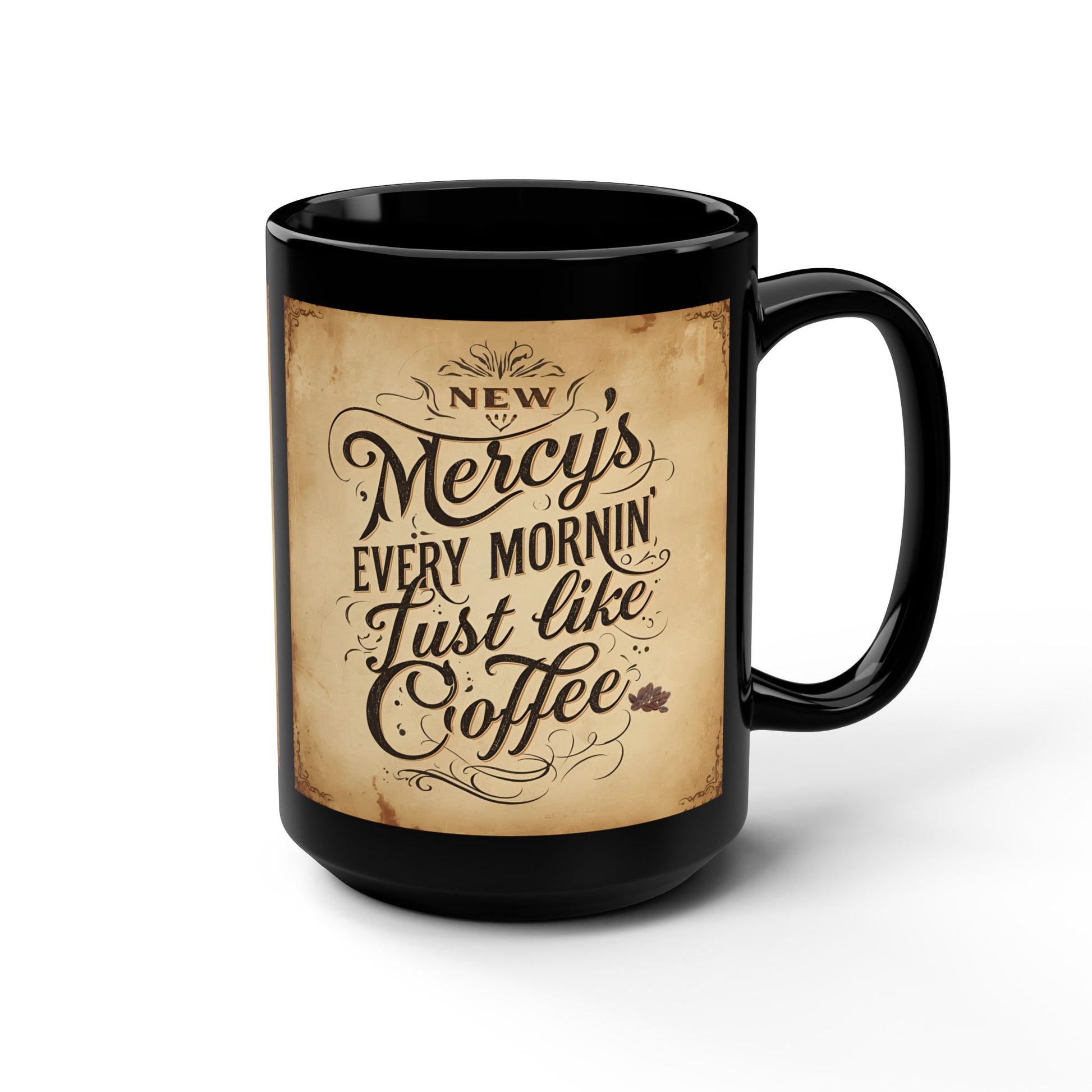 Black mug with vintage-style text design on a white background