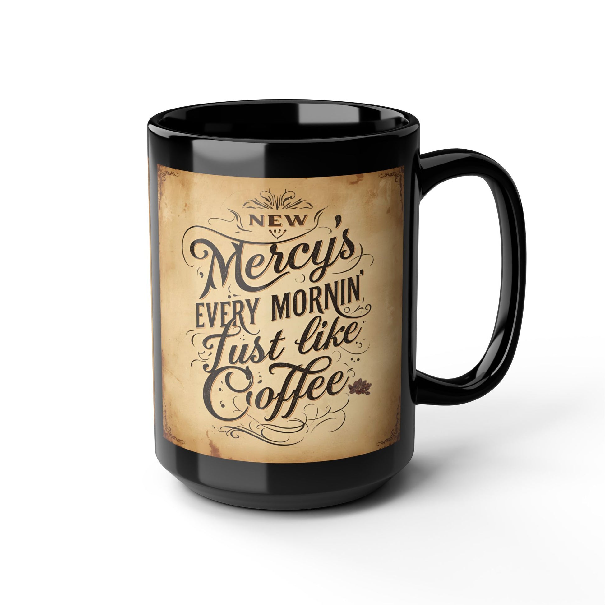Black mug with vintage-style text design on a white background