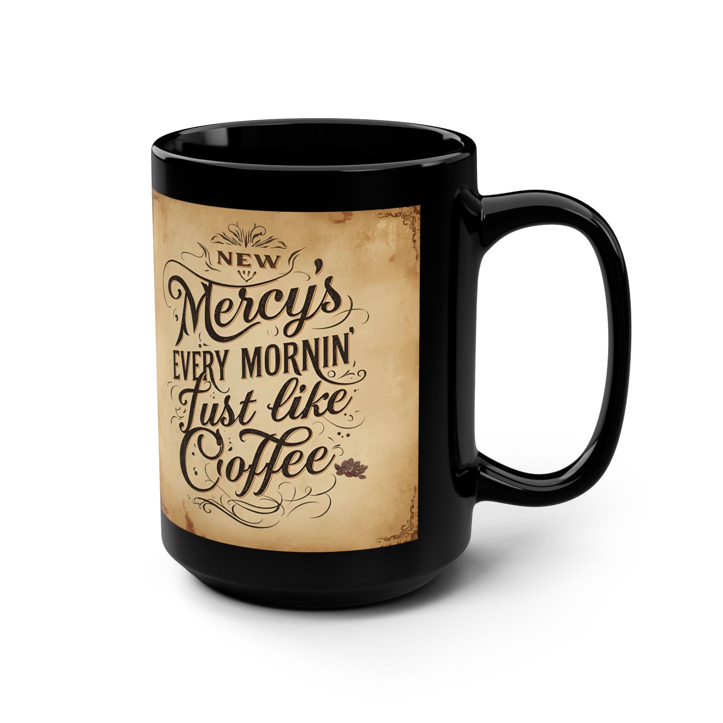 Black mug with a vintage-style label featuring text and a coffee bean on a white background