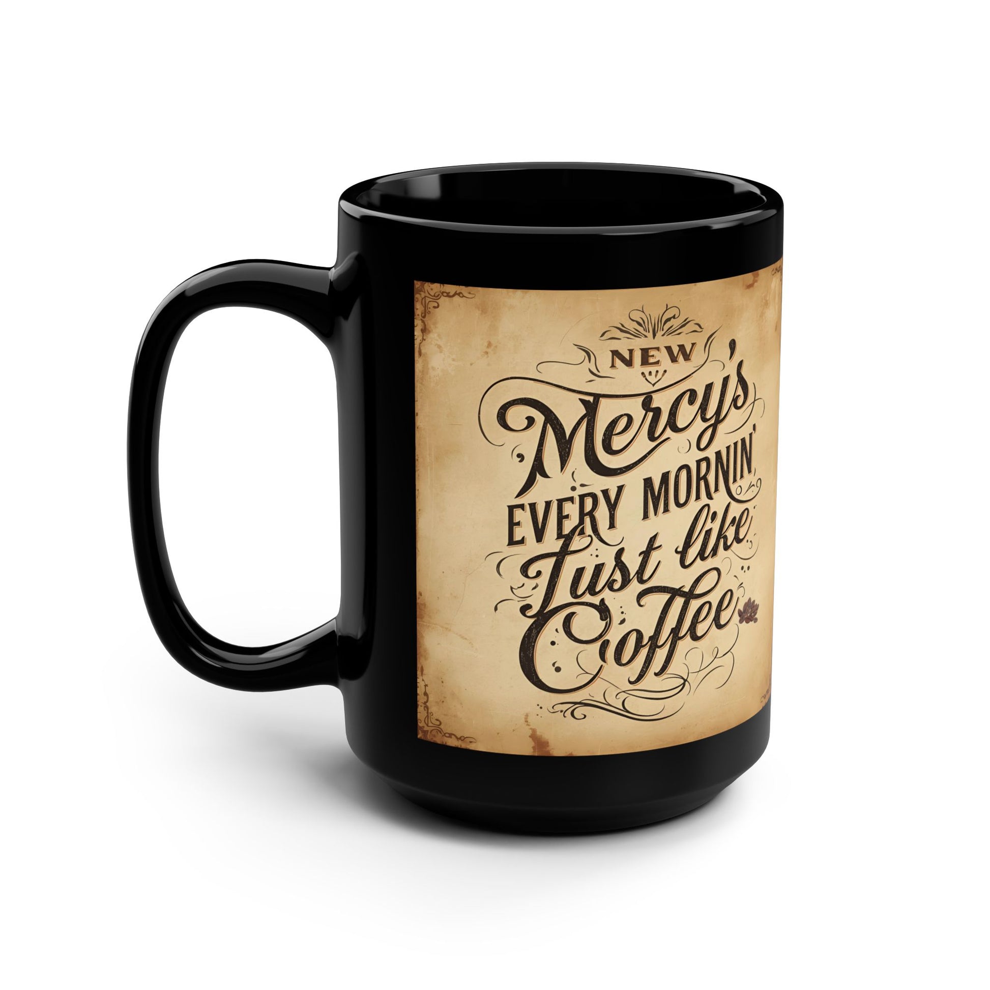 Black mug with vintage-style text design on a white background