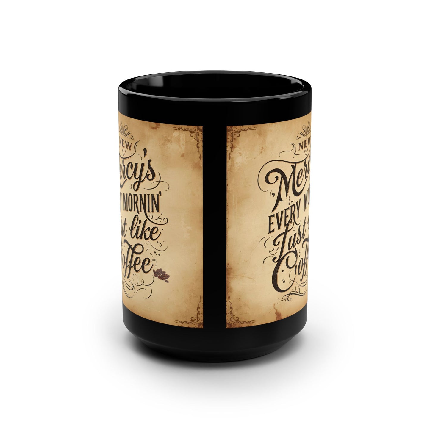 Black mug with vintage-style text design on a white background