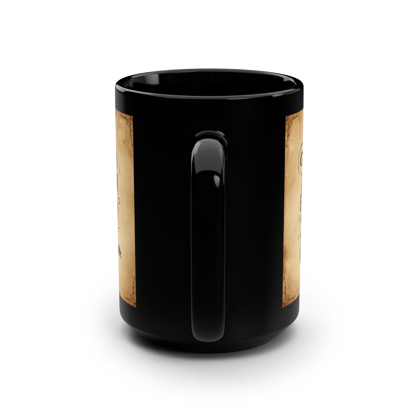Black mug with gold accents on a white background