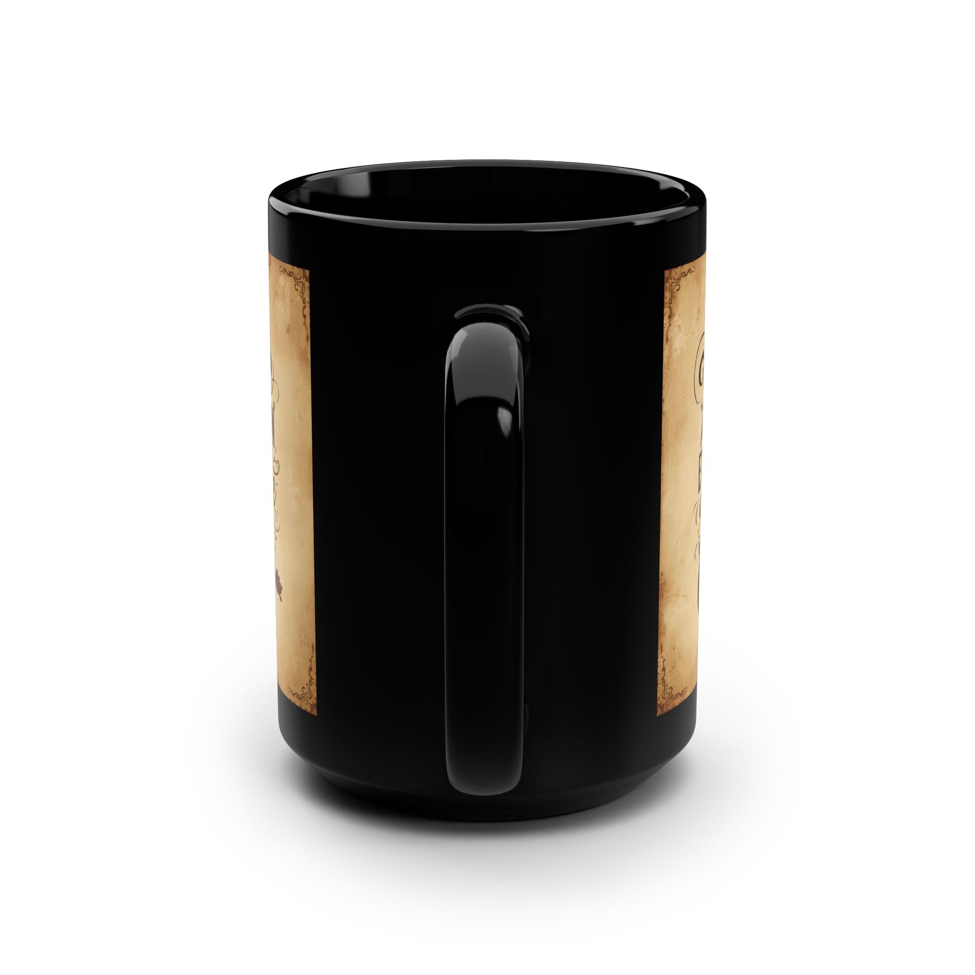 Black mug with gold accents on a white background