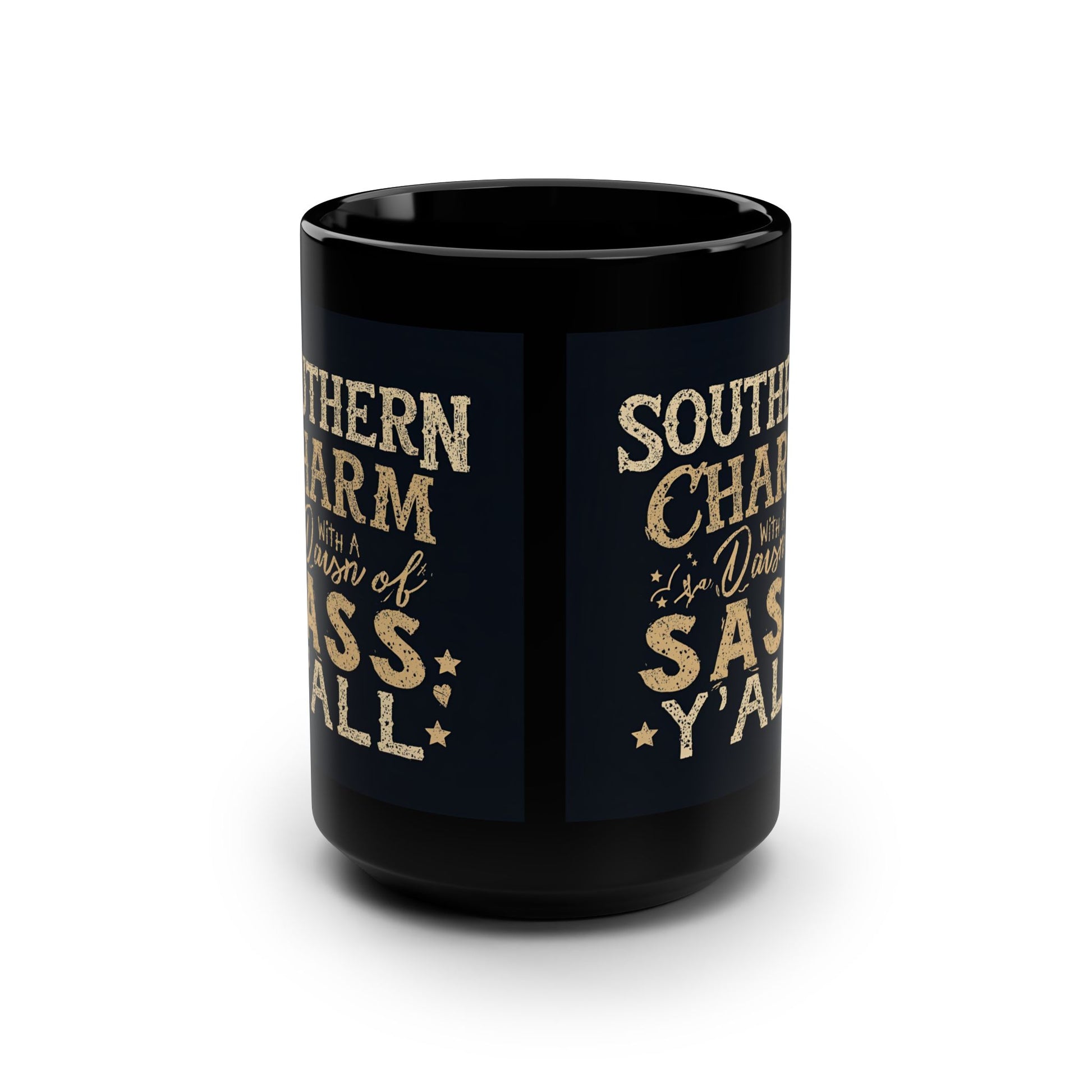 Black mug with gold text on a white background