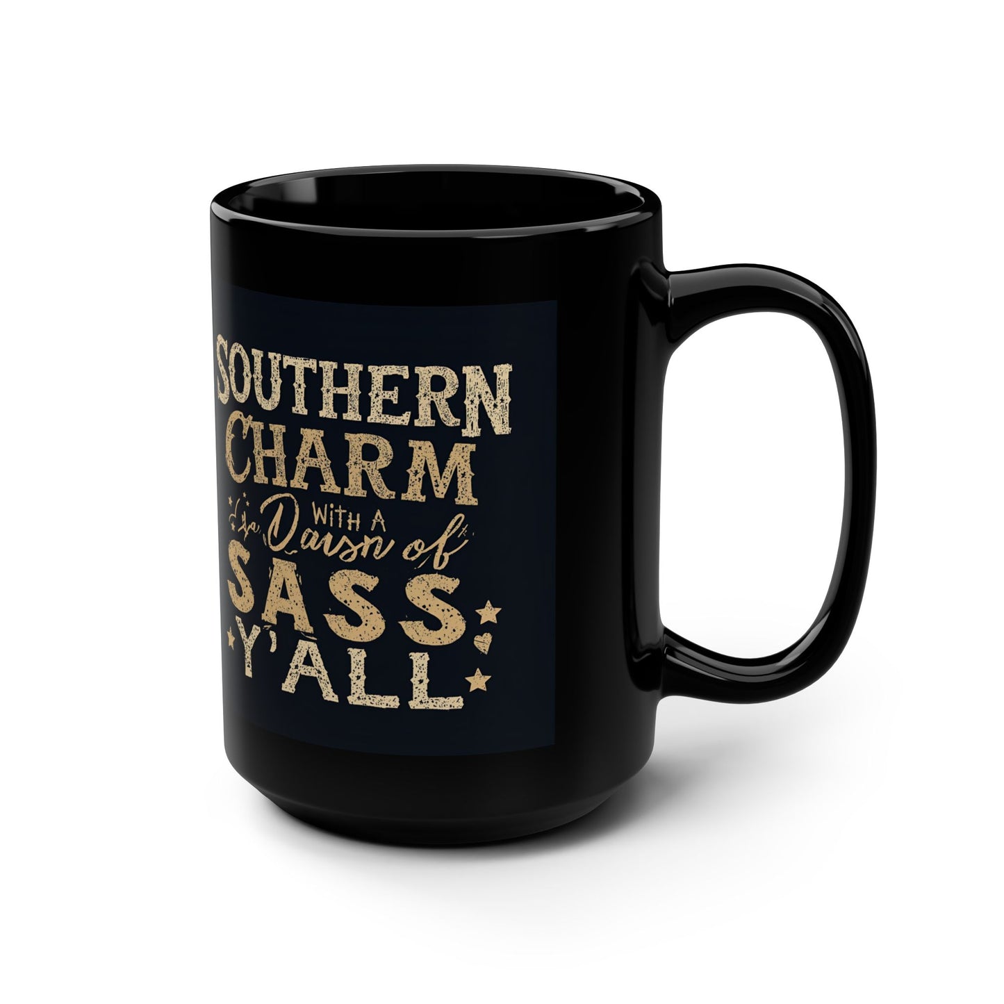 Black mug with gold text on a white background