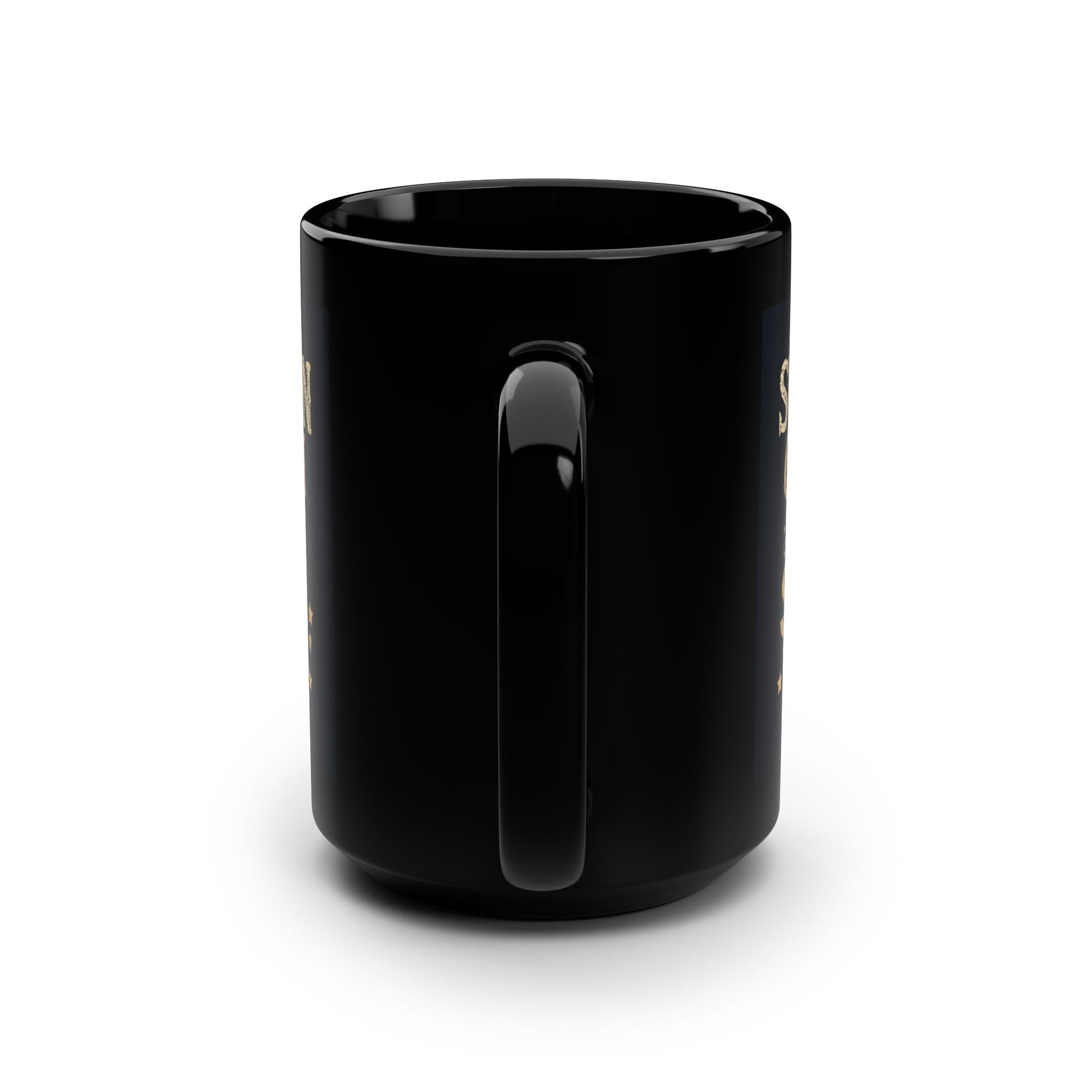 Black mug with a handle on a white background