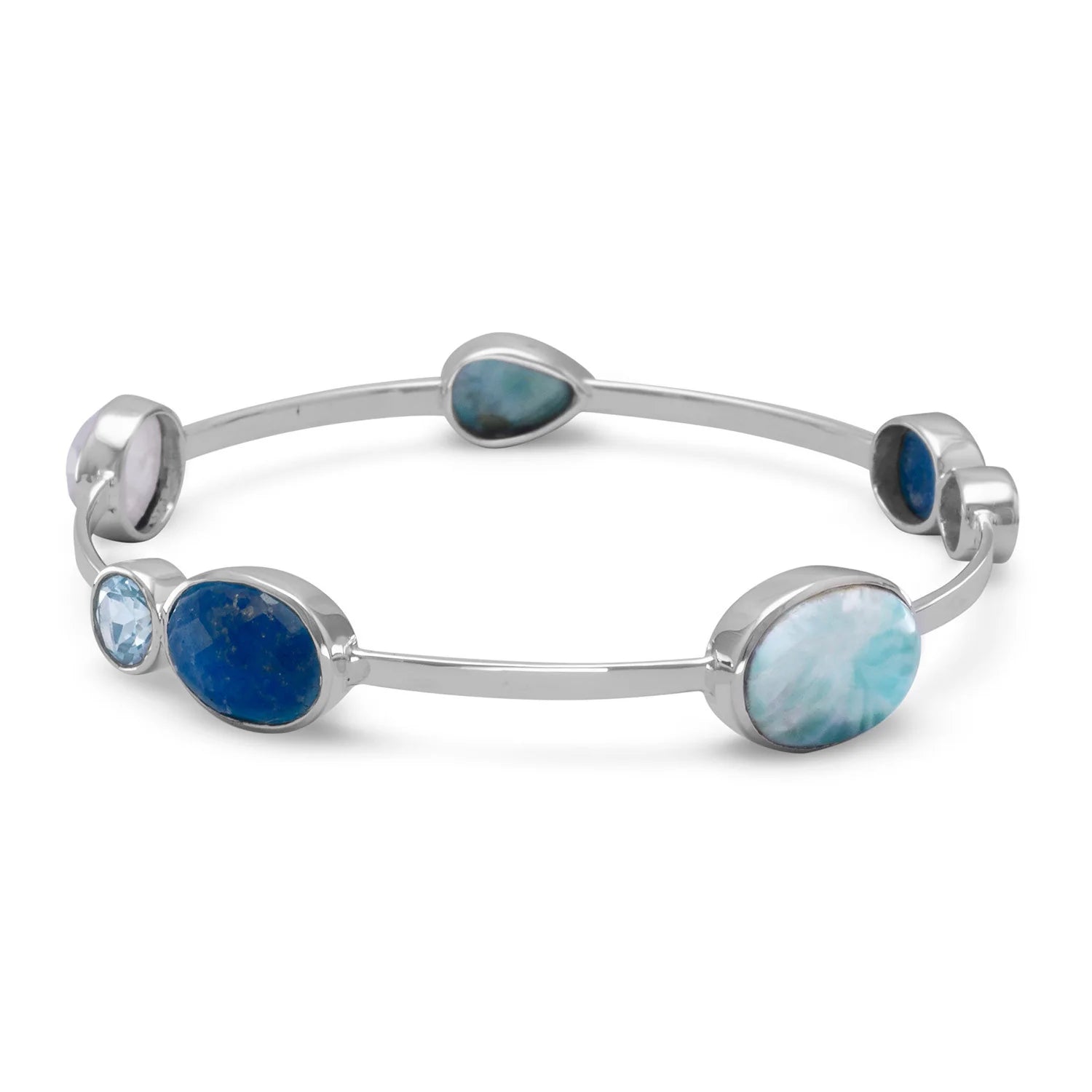 Silver bracelet with blue and green gemstones on a white background