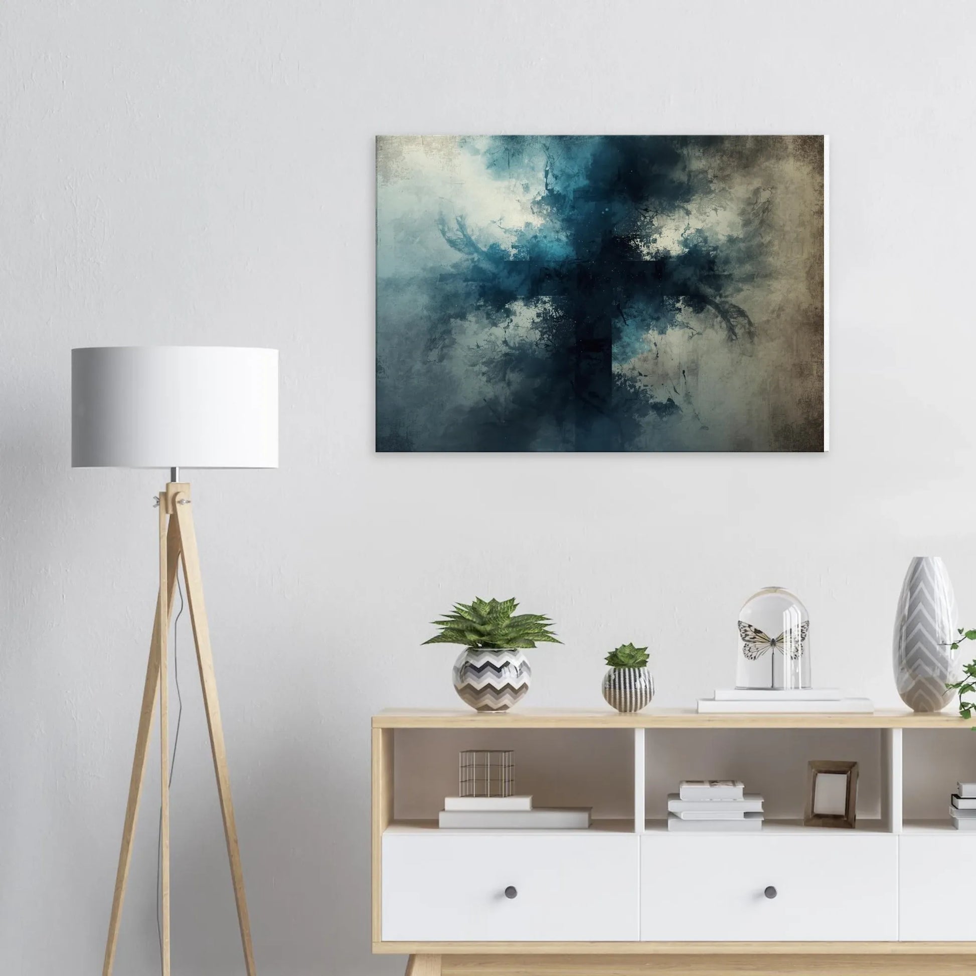 Modern interior with abstract art, floor lamp, and decorative items on a shelf.