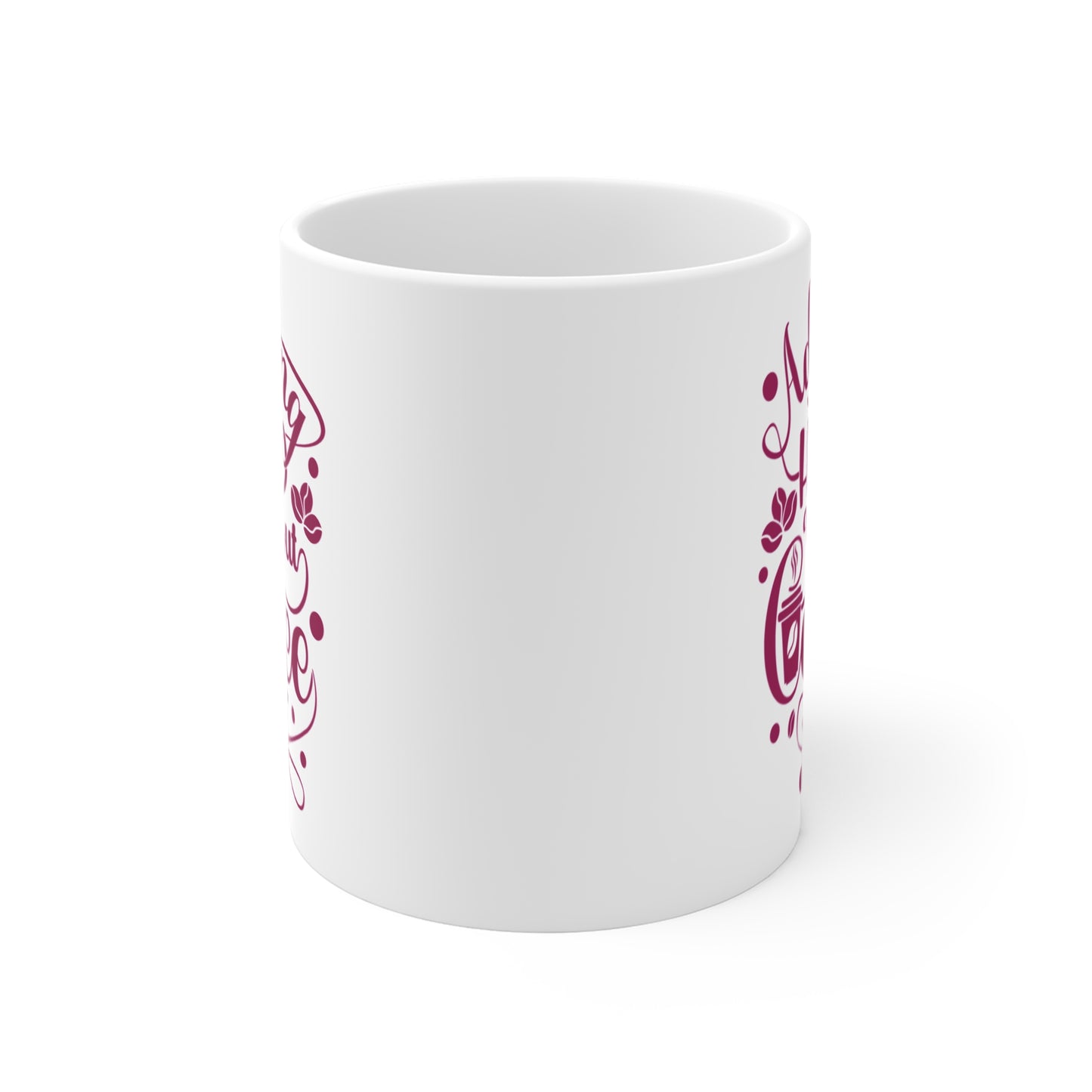 White mug with red text on a white background