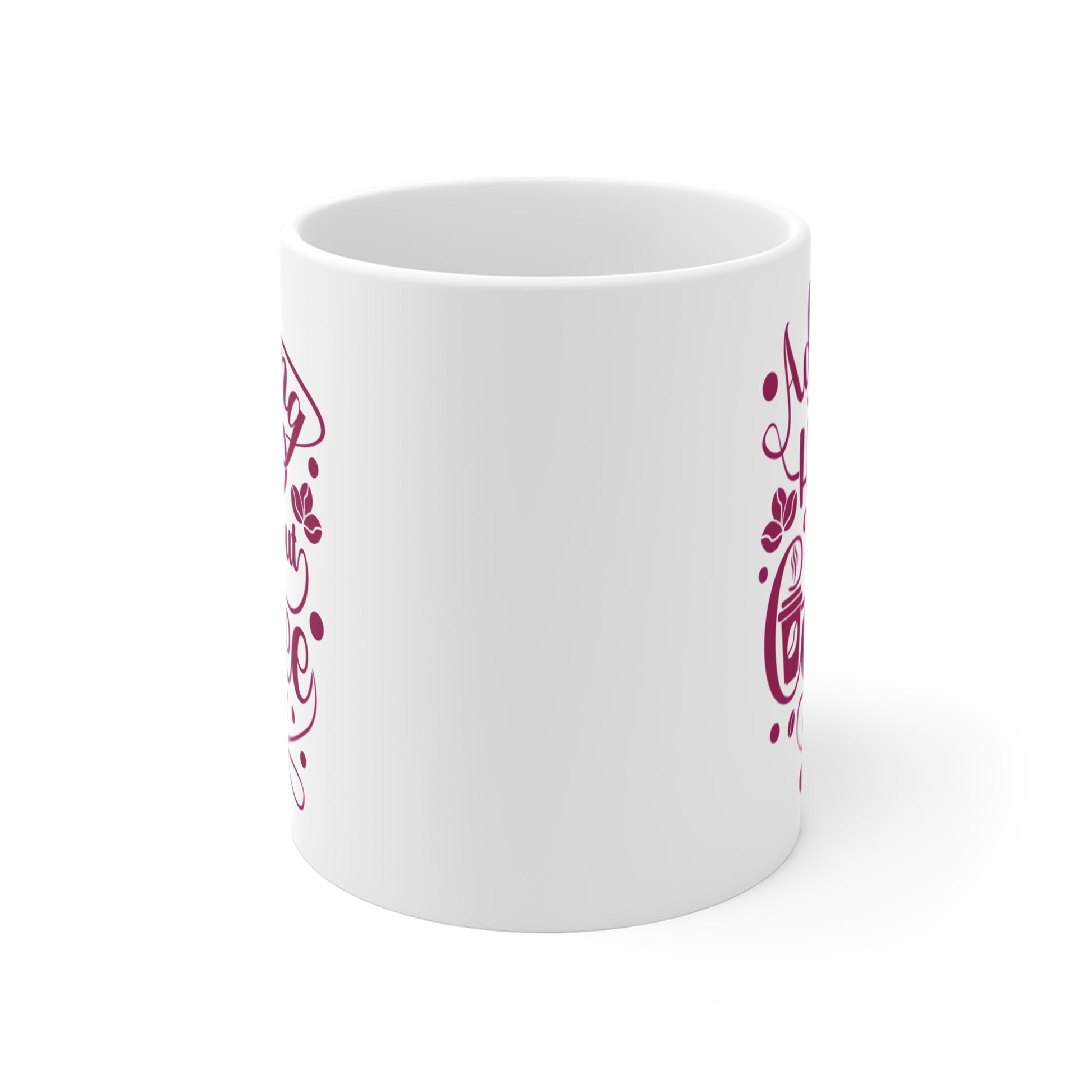 White mug with red text on a white background