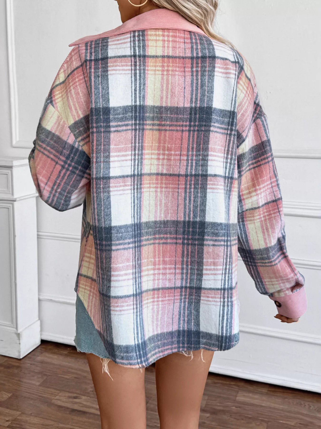 long sleeve checker multi plaid pink button-up with chest pockets shacket