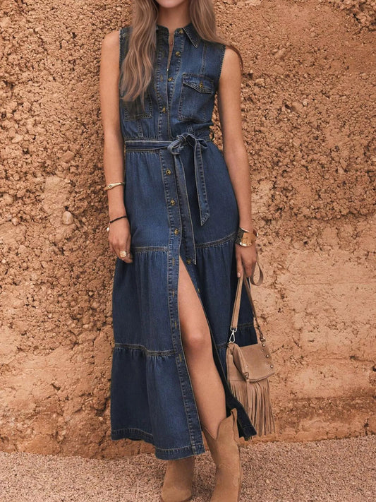 Blue denim front button-up long dress with front pockets and waist tie