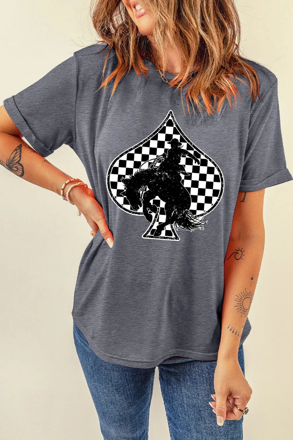 Checker ace of spades rodeo western gray graphic print tee shirt