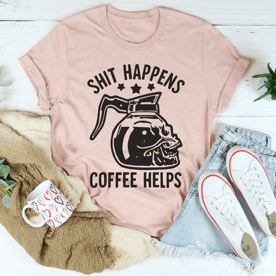 Pink coffee helped T-shirt with jeans and clothing accessories on white background with a coffee cup.