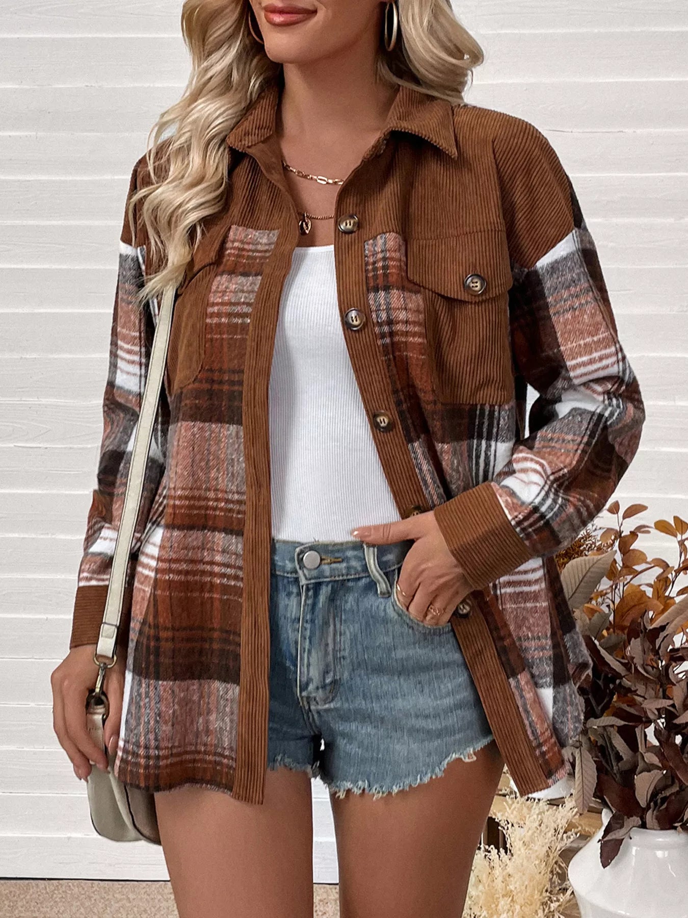long sleeve checker multi plaid brown button-up with chest pockets shacket