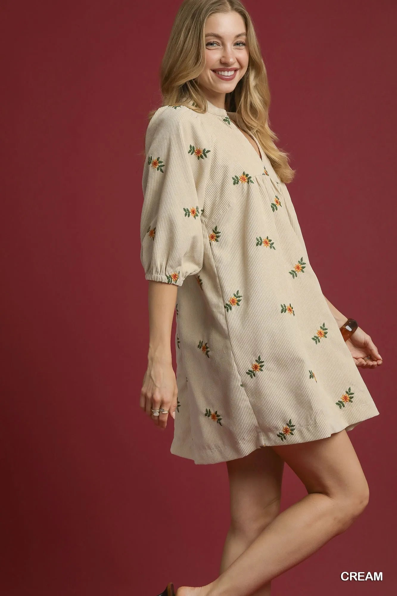 Corduroy floral print embroidered mid sleeve v-neck collared creme color mini dress