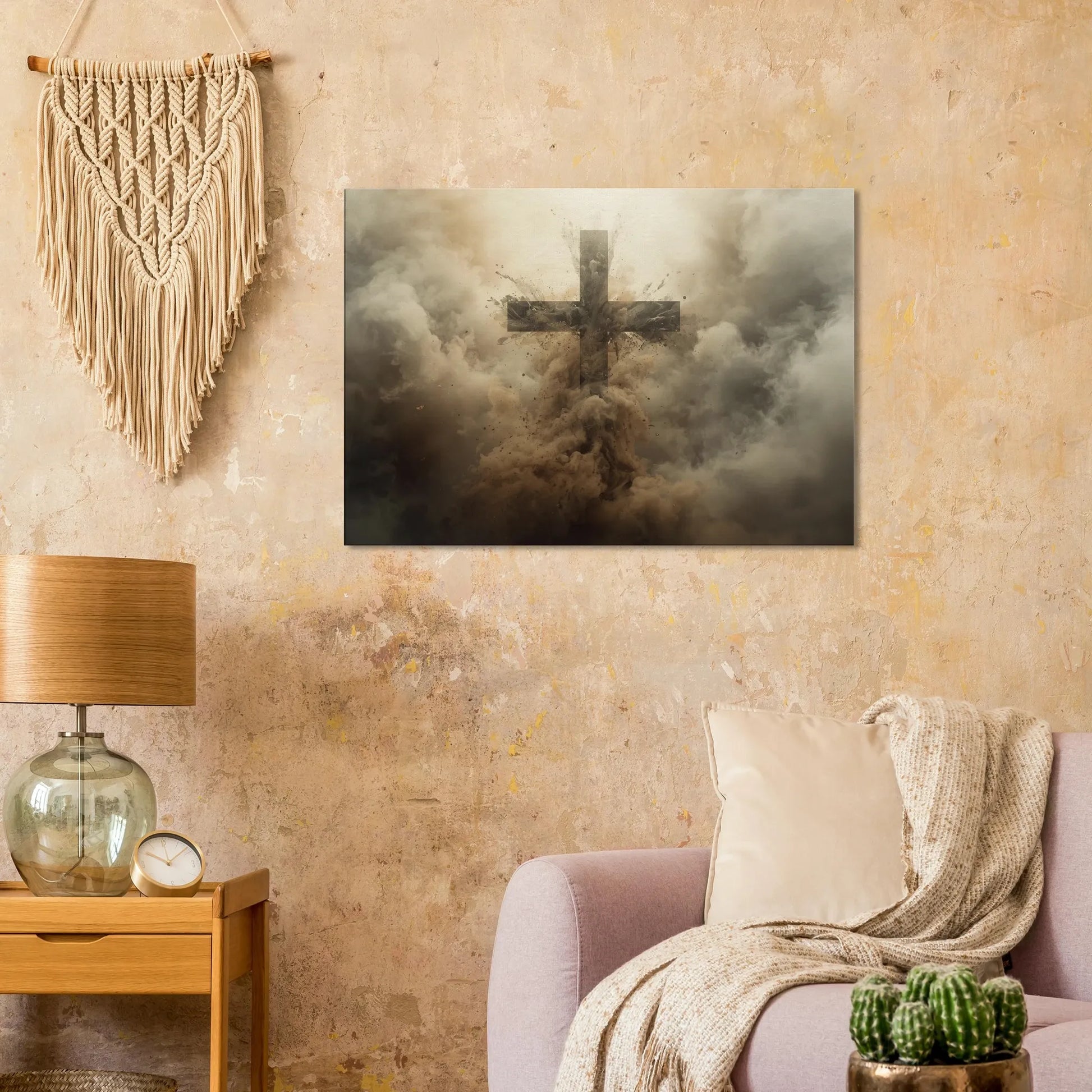 Living room with a cross painting on the wall, lamp, and decorative elements.