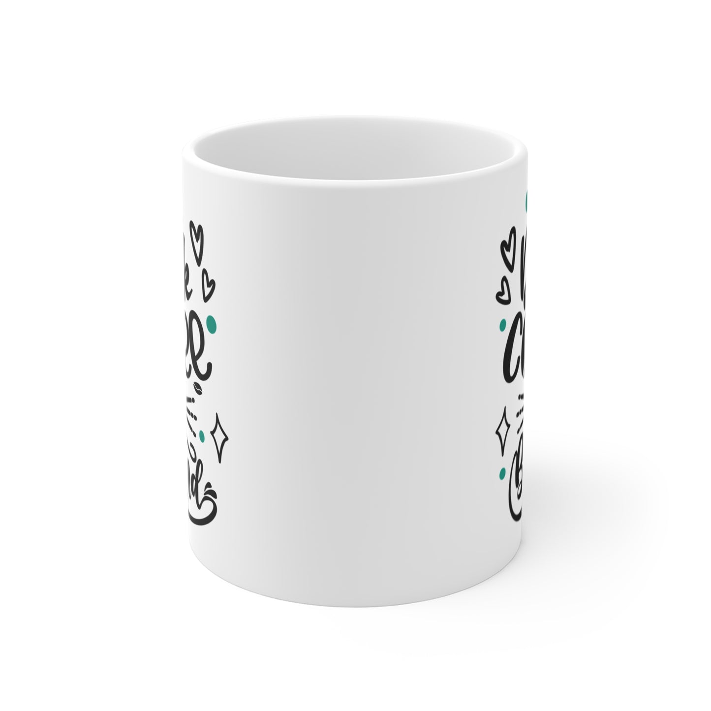 White mug with black and green designs on a white background