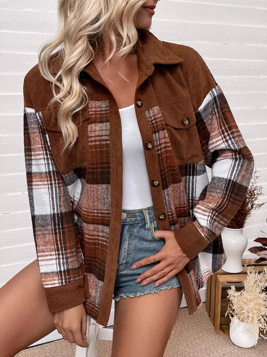 long sleeve checker multi plaid brown button-up with chest pockets shacket