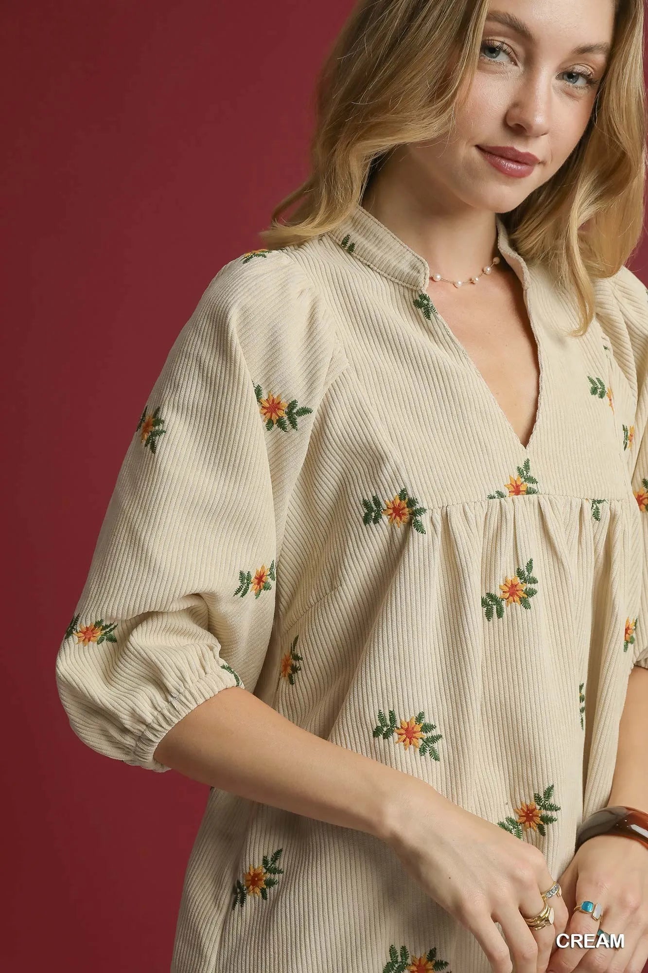 Corduroy floral print embroidered mid sleeve v-neck collared creme color mini dress