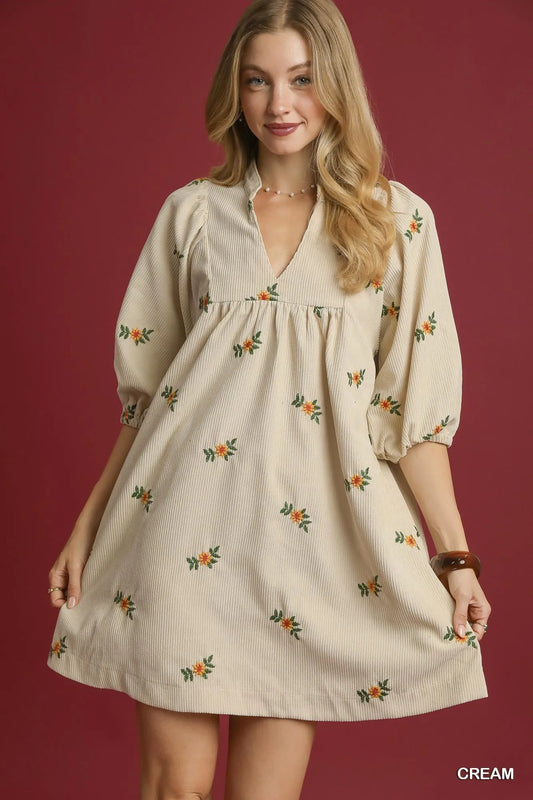 Corduroy floral print embroidered mid sleeve v-neck collared creme color mini dress