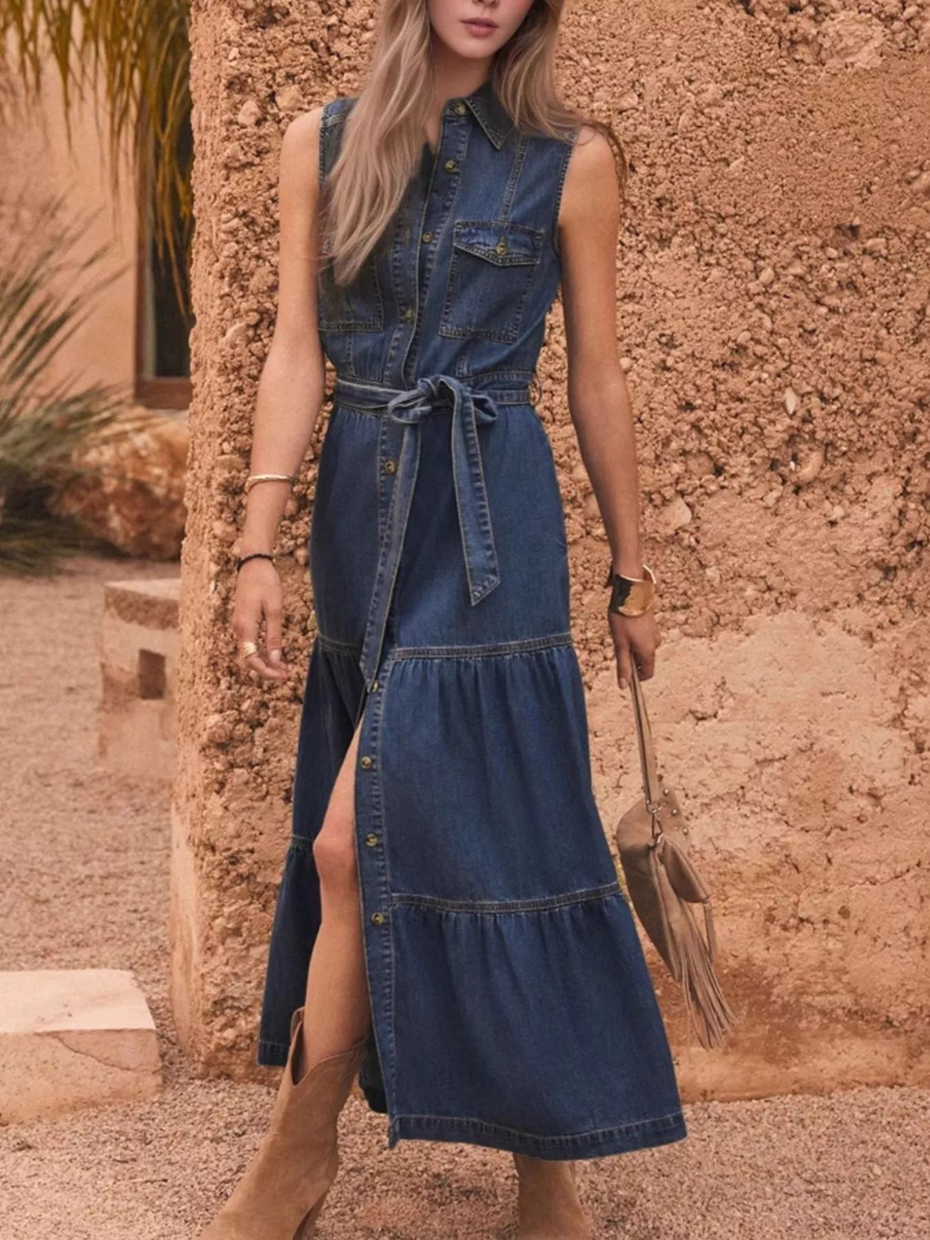 Blue denim front button-up long dress with front pockets and waist tie