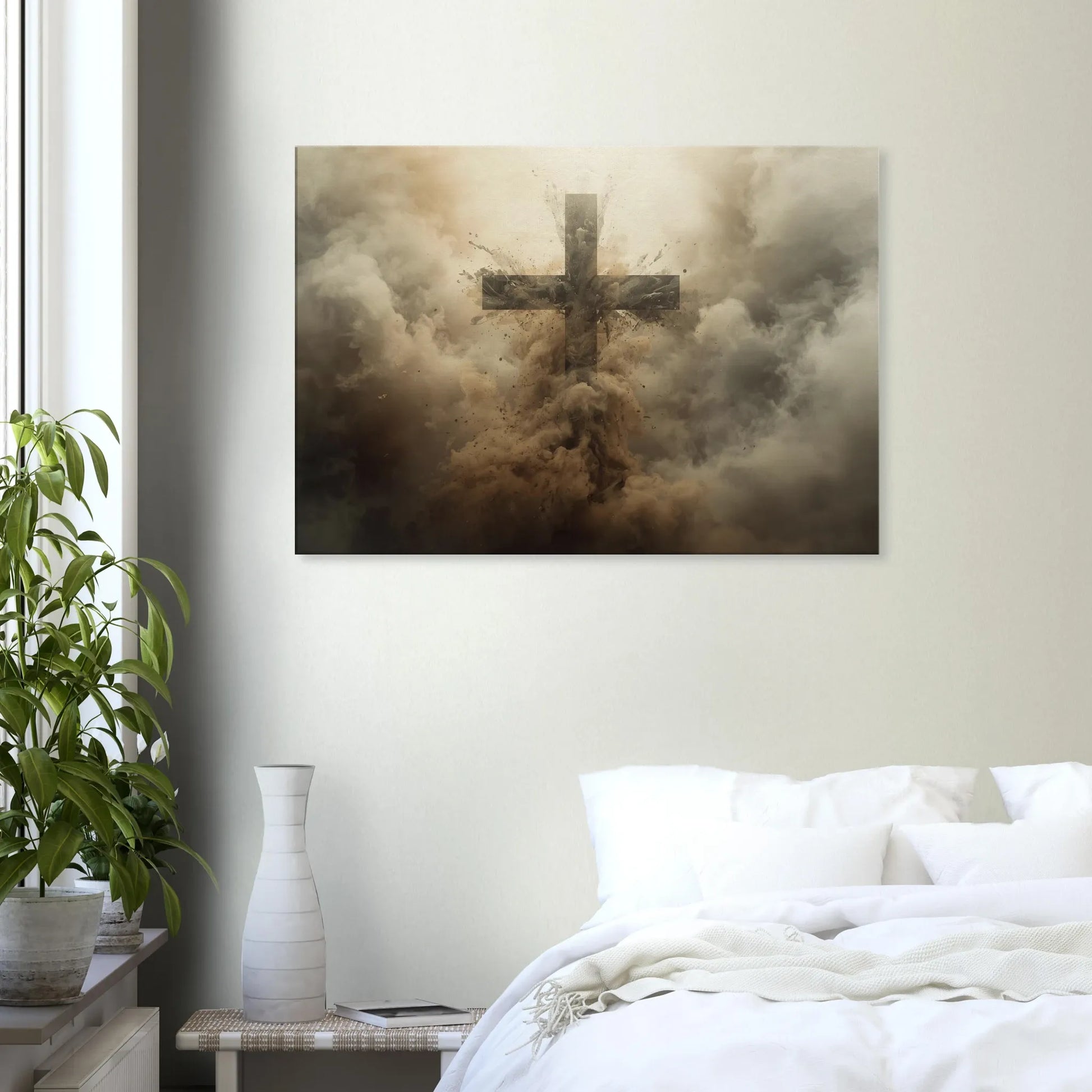 Wooden cross in clouds on a wall above a bed with a plant and vase.