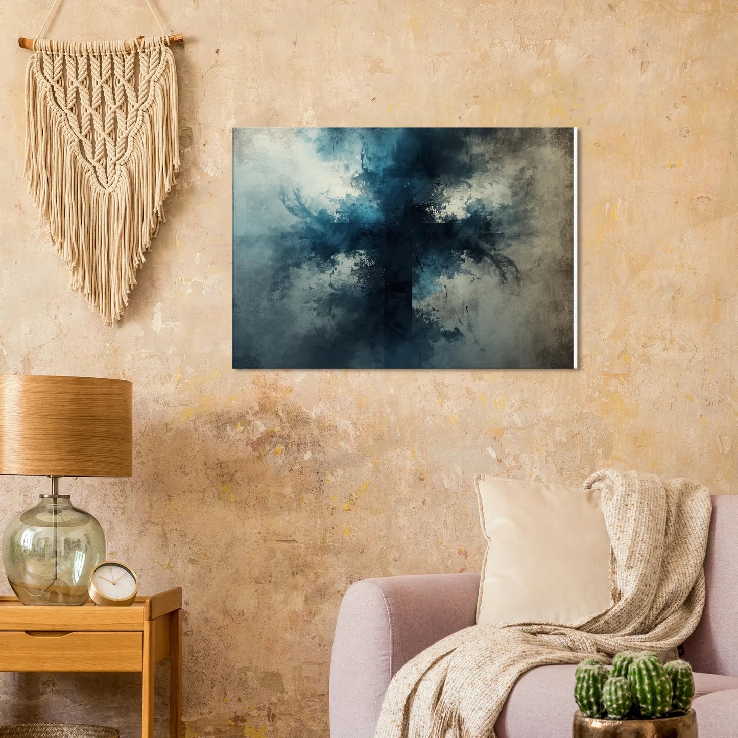 Living room with abstract art on the wall, lamp, and plants.