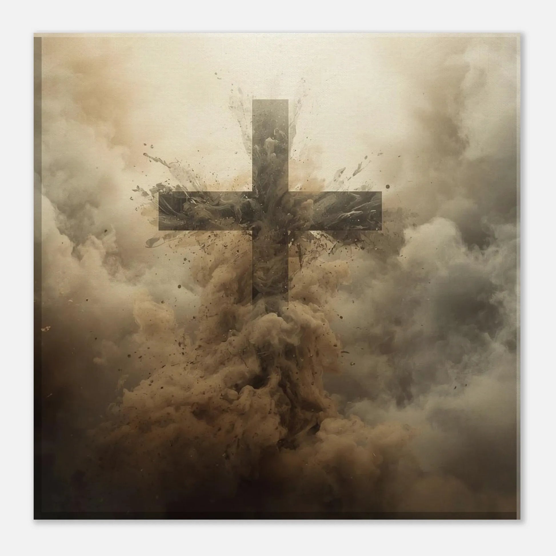 Cross emerging from a cloud of dust and smoke