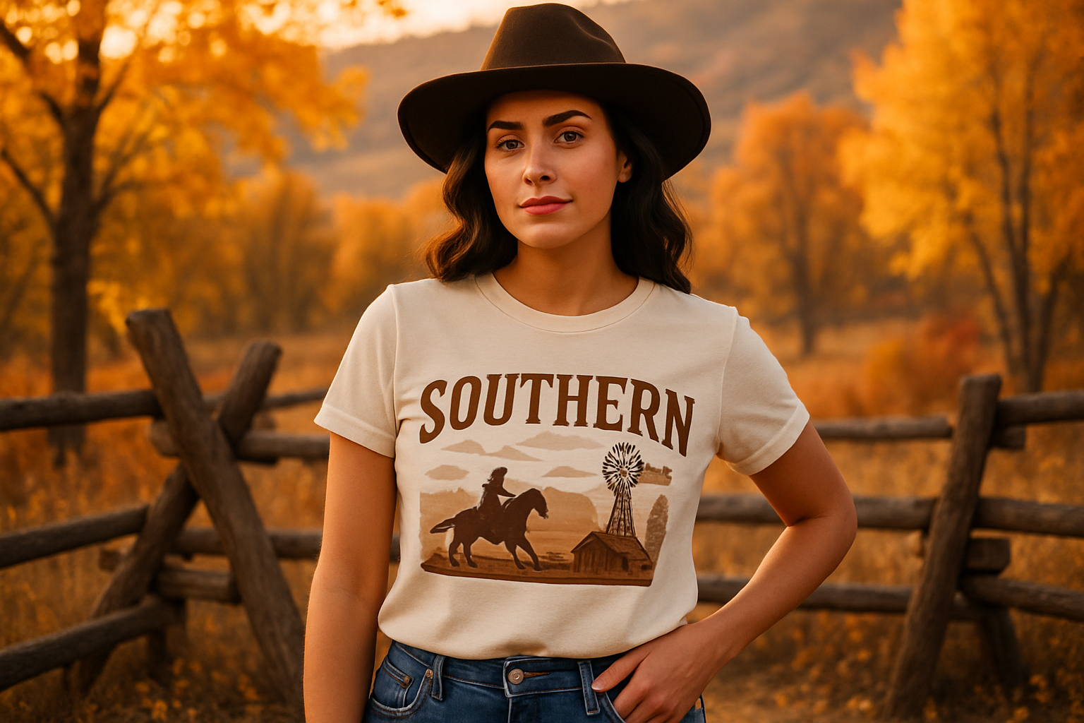Woman wearing blue jeans and white graphic t-shirt with horse design, brown cowgirl hat, standing against a fall country background with autumn trees and wooden fence
