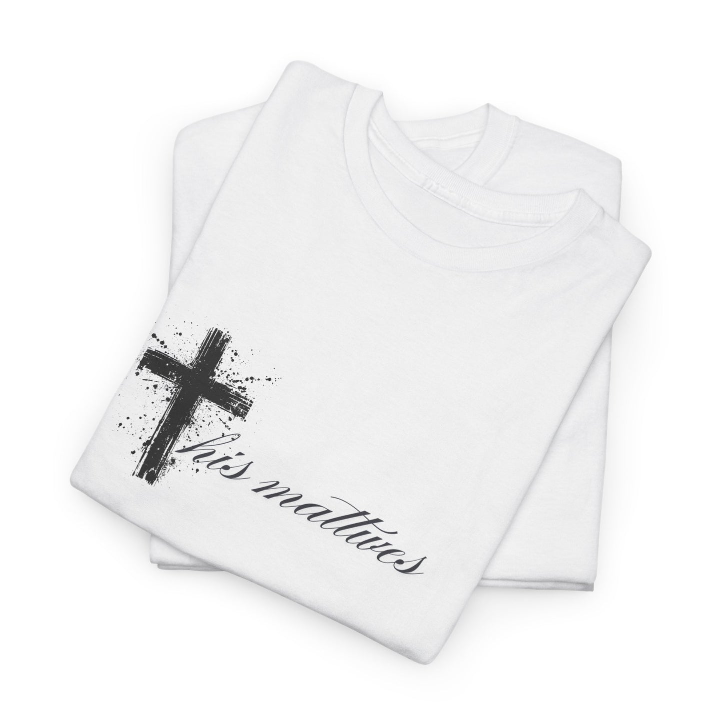 White t-shirt with black cross and text design on a white background