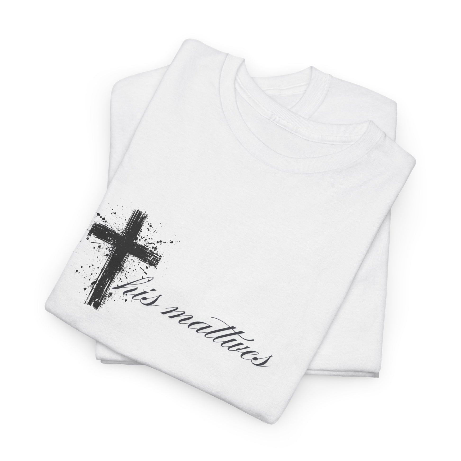 White t-shirt with black cross and text design on a white background