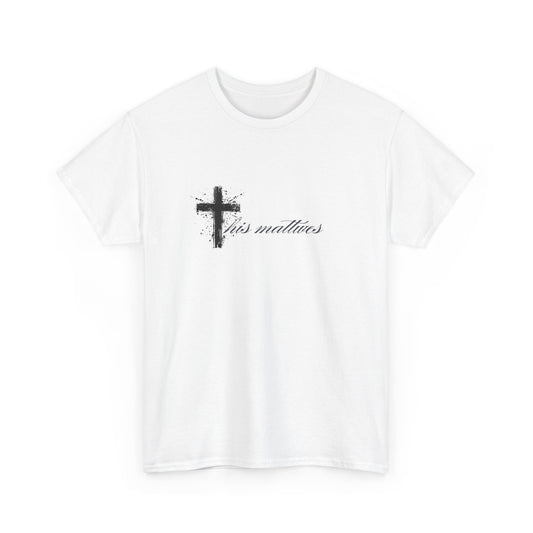 White t-shirt with a black cross and text on a white background