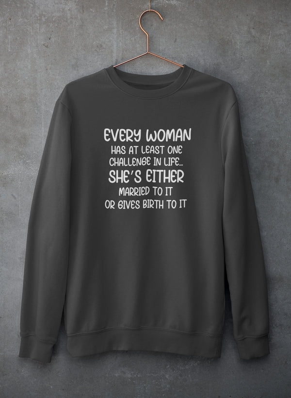 Dark gray sweatshirt with humorous text on a gray background
