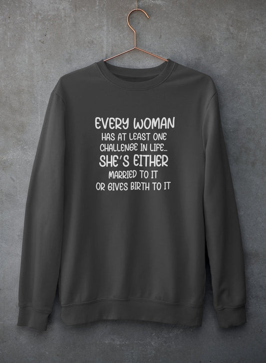 Dark gray sweatshirt with humorous text on a gray background