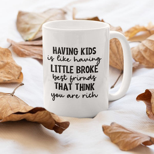 White mug with humorous text on a surface with dried leaves
